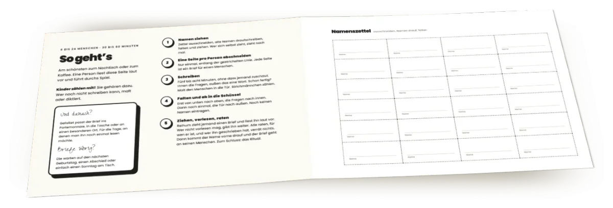 Das aufgeschlagene Buch: die Anleitung und die Seite mit den Namenszetteln