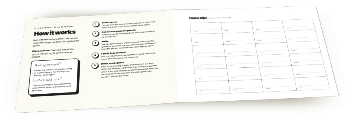 The open book: the instructions page and the page of name slips